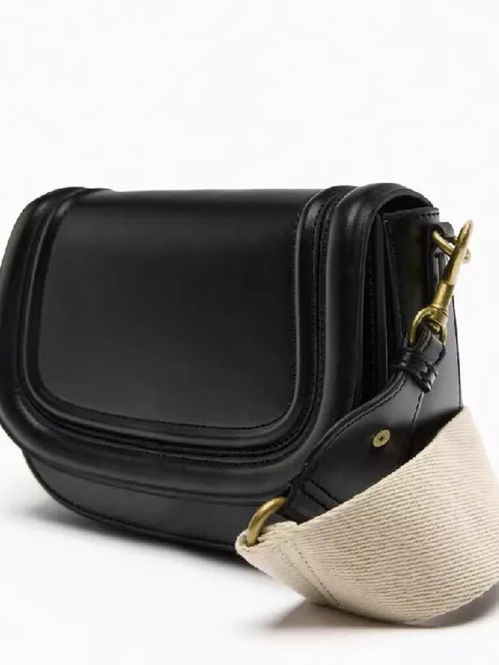 Zara Black Leather Crossbody with Cream Canvas Strap and Gold Hardware